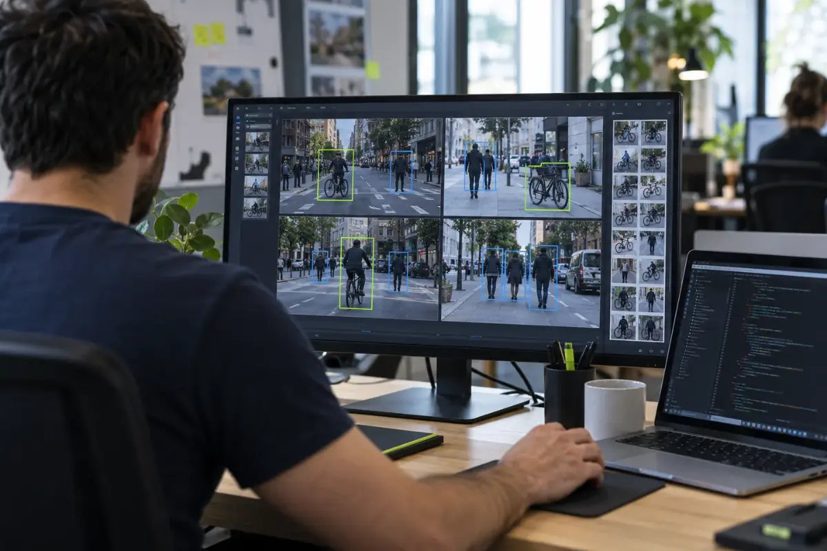 Ingénieur analysant des images de rue annotées par un algorithme de détection d'objets sur un grand écran