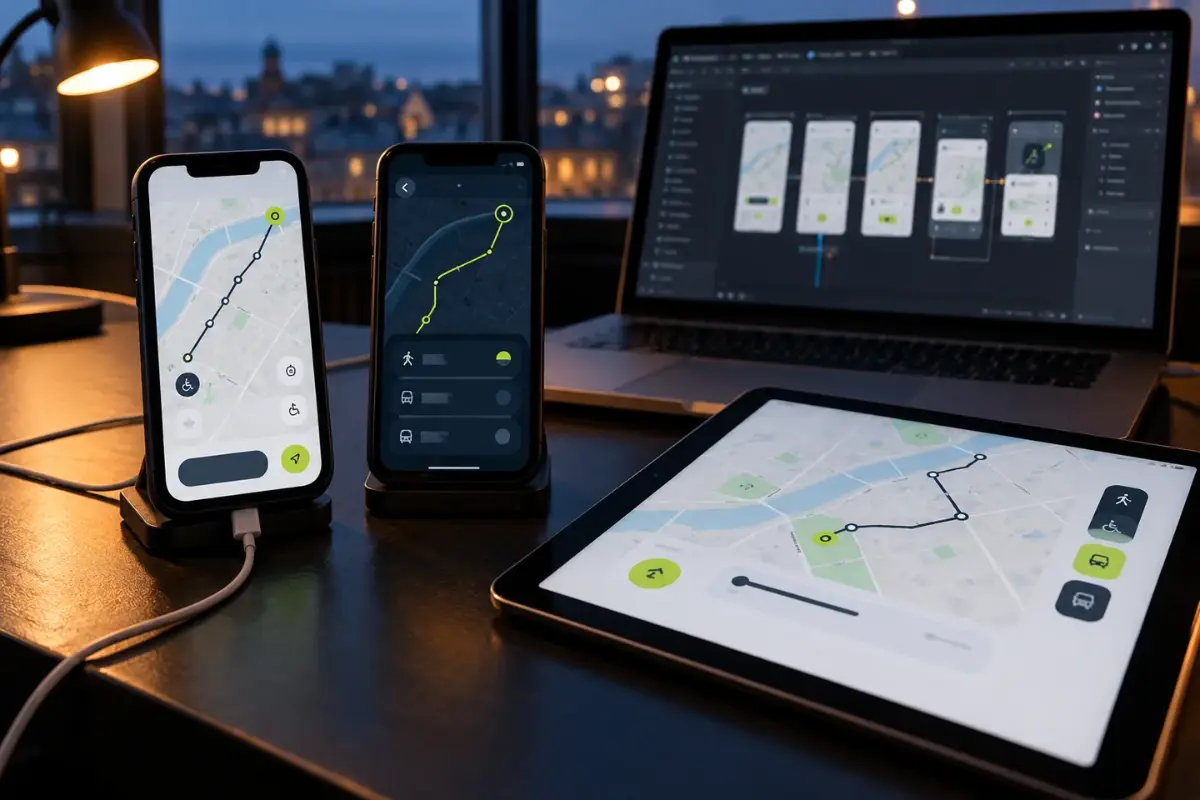 Prototype d'application de mobilité affiché sur deux smartphones, une tablette et un ordinateur portable