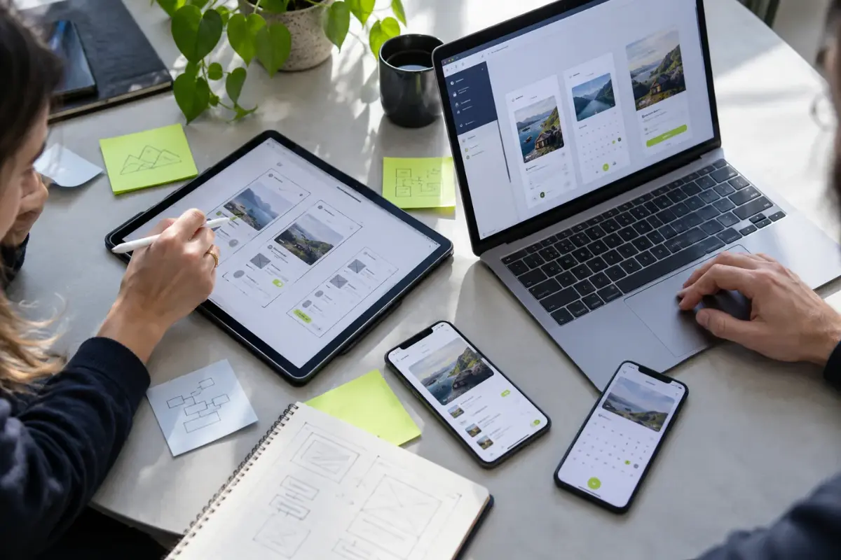 Deux fondateurs de startup conçoivent les maquettes d'une application sur tablette et ordinateur portable, croquis et post-it sur la table
