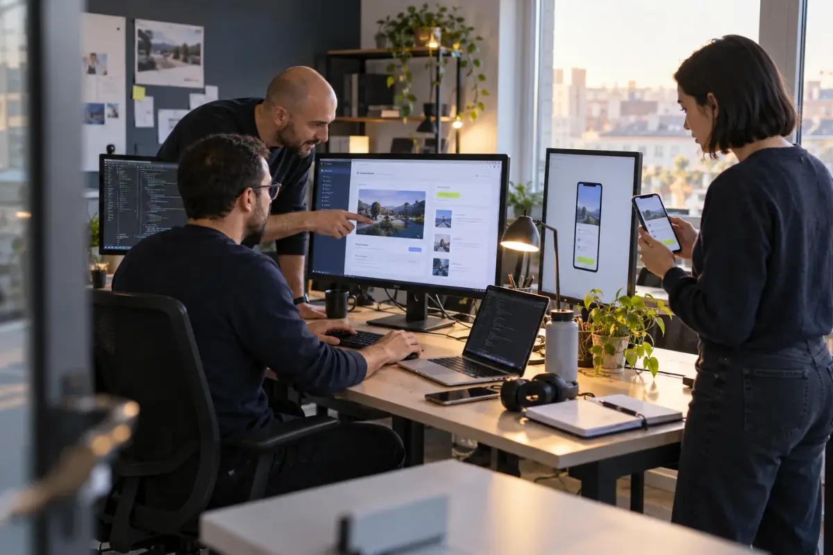 Équipe d'une startup échangeant autour d'un écran affichant une interface produit, développeur au clavier