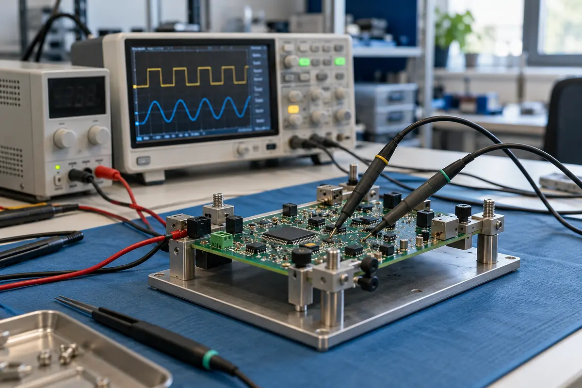 Ingénieur en essai sur un banc de test électronique, oscilloscope et carte prototype