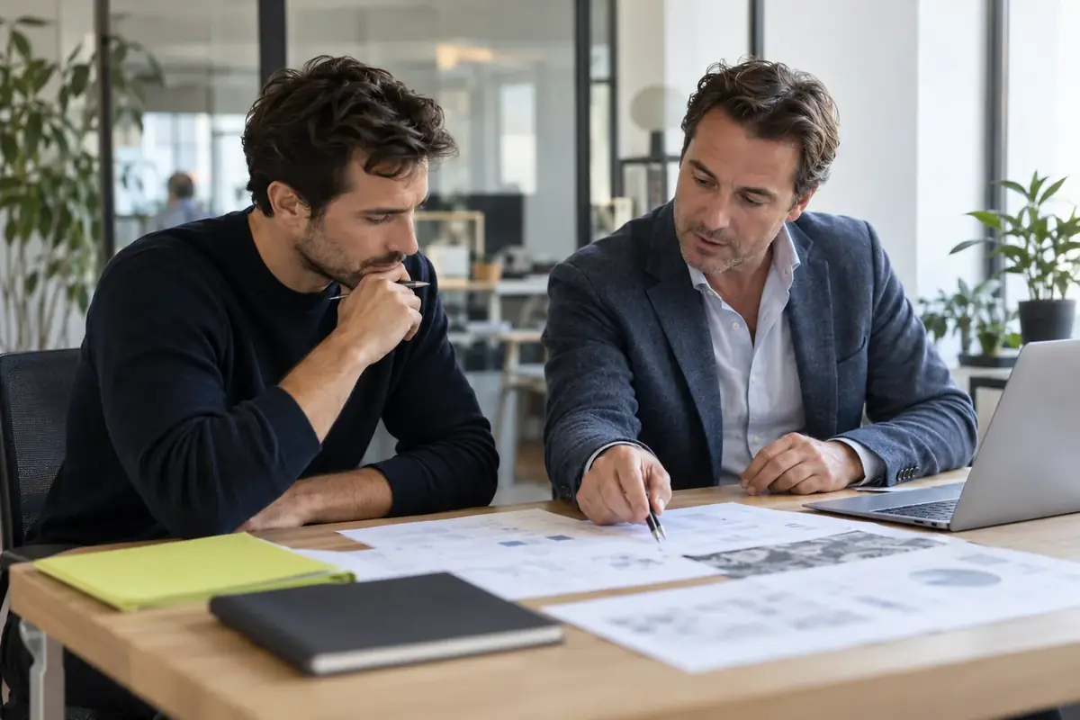 Consultant en financement de l'innovation analysant un dossier CIR avec le fondateur d'une startup