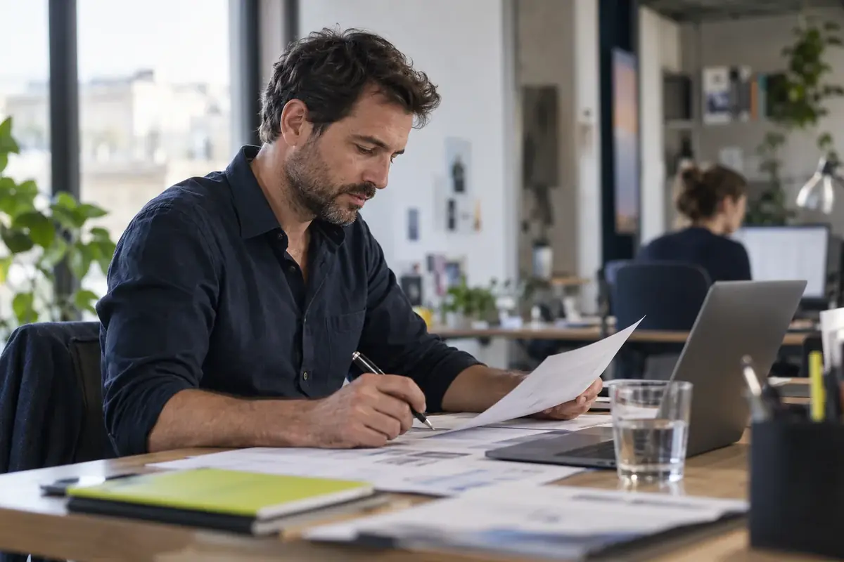 Dirigeant annotant des documents financiers à son bureau pour préparer la déclaration du crédit d'impôt recherche
