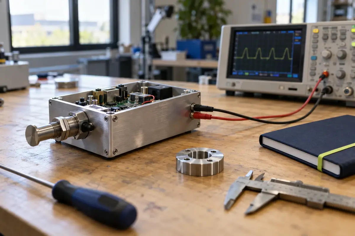 Prototype électronique relié à un oscilloscope sur un établi de laboratoire, travaux de développement expérimental