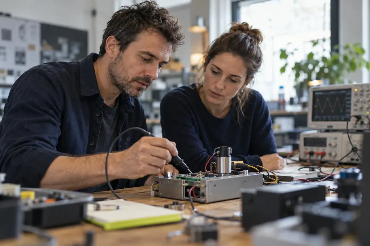 Deux ingénieurs testent un prototype électronique sur un banc de mesure, oscilloscope en arrière-plan