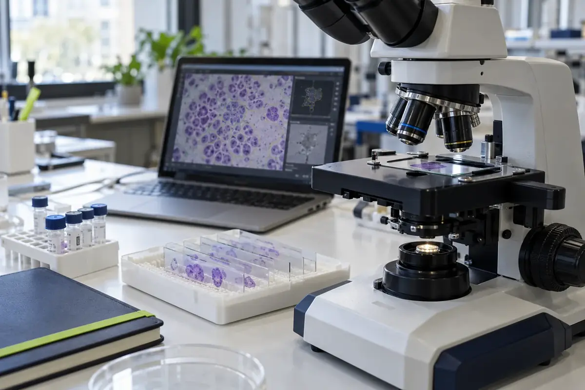 Microscope de laboratoire avec lames d'échantillons et ordinateur affichant une analyse d'images