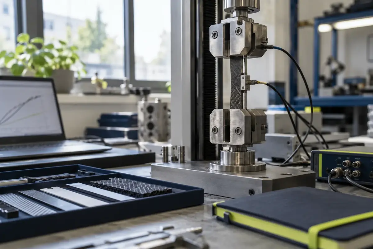 Machine d'essai de traction testant une éprouvette en matériau composite dans un laboratoire de développement