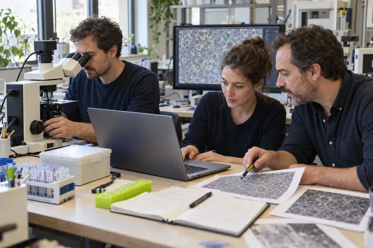 Équipe de chercheurs analysant des images de cellules au microscope et sur écran dans un laboratoire de biotechnologie