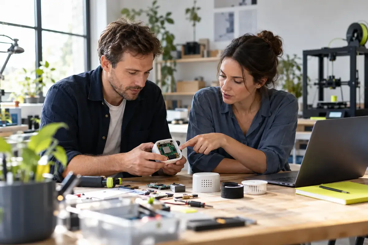 Deux fondateurs de startup examinent un prototype d'objet connecté dans leur atelier, imprimante 3D en arrière-plan