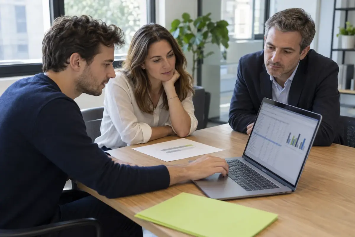 Fondateurs de startup et conseiller analysant un tableau de calcul et des graphiques sur un ordinateur portable