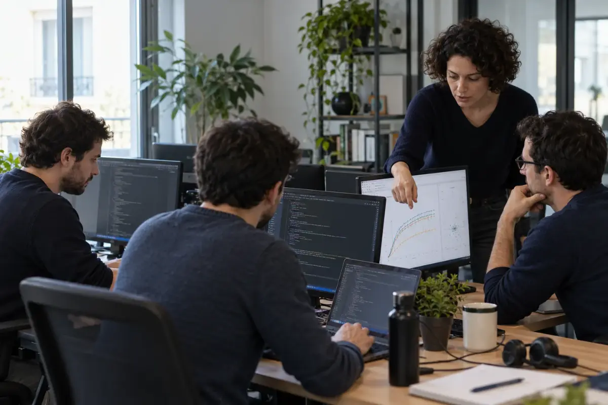 Équipe de chercheurs et d'ingénieurs d'une startup analysant des courbes de résultats et du code sur leurs écrans