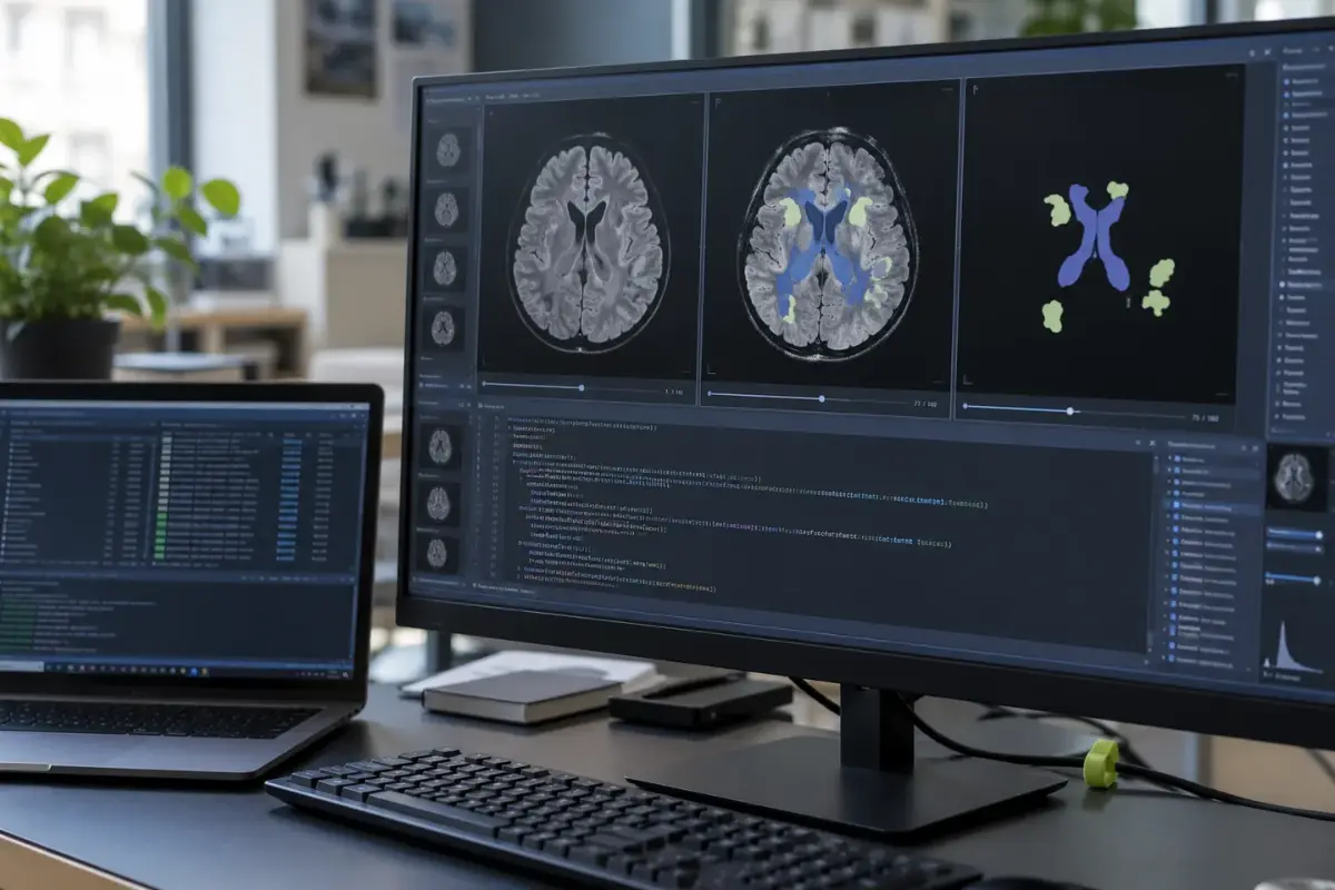 Écran affichant la segmentation d'une IRM cérébrale par un algorithme d'intelligence artificielle, code source en dessous