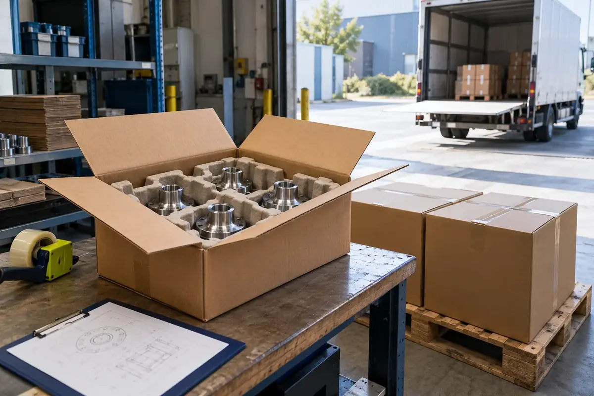 Pièces industrielles emballées pour l'expédition sur un quai de chargement avec camion de livraison