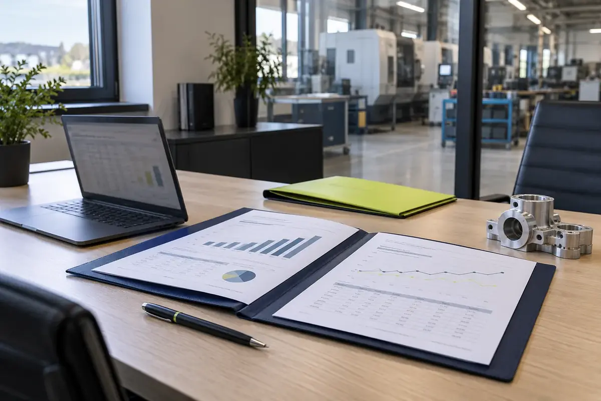 Dossier de plan de développement avec graphiques financiers sur un bureau donnant sur un atelier de production