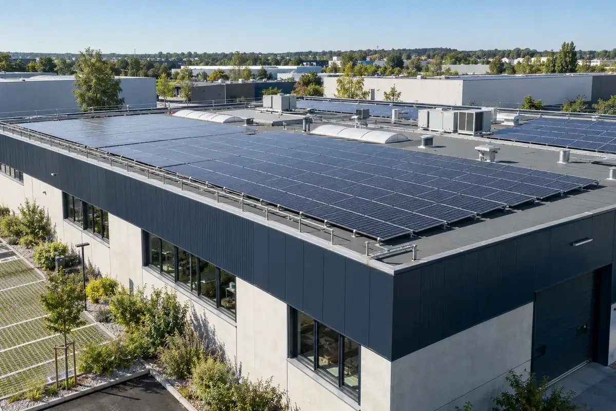 Bâtiment industriel équipé de panneaux solaires en toiture, investissement de transition écologique et énergétique