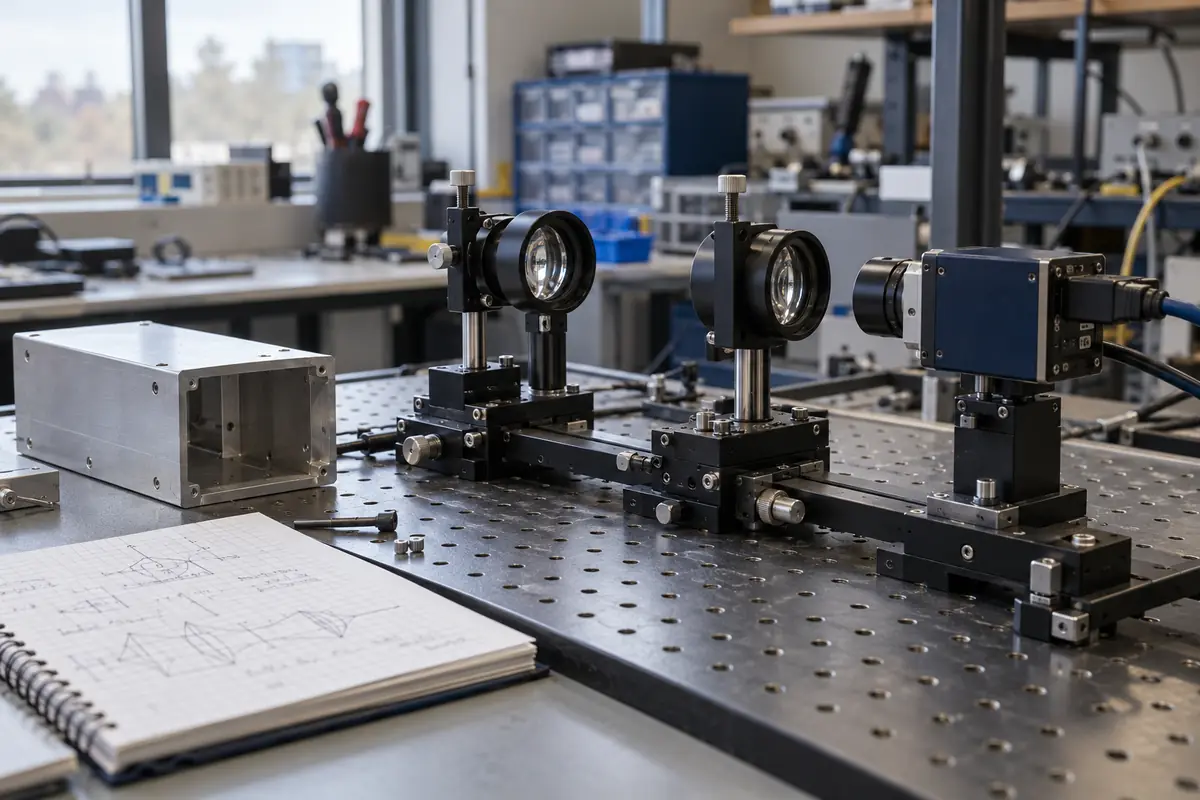Banc optique de laboratoire avec lentilles et caméra lors d'essais de R&D