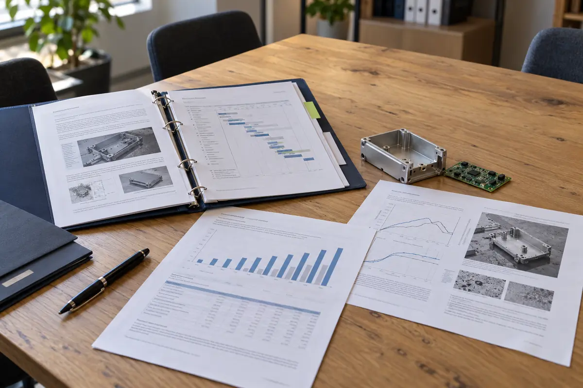 Dossier technique de R&D avec planning, graphiques de résultats et prototype sur une table de réunion
