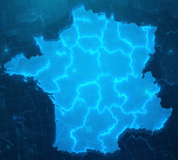 Carte de France numérique et lumineuse en bleu, affichant les contours des régions.