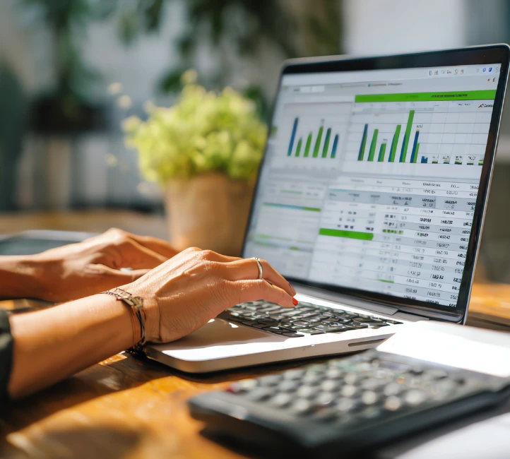Mains tapant sur un PC affichant des graphiques, avec une calculatrice au premier plan.