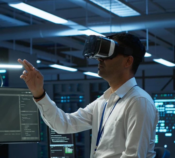 Homme en chemise blanche portant un casque VR dans un centre de données high-tech.