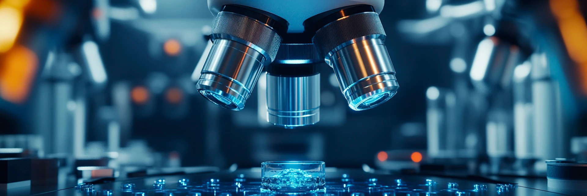 Gros plan d'un microscope analysant un Ã©chantillon dans un laboratoire futuriste bleu.